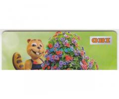 OBI Geschenkkarte 2018; Obi-Hamster mit Scheibtruhe und Blumen; OBI.AT