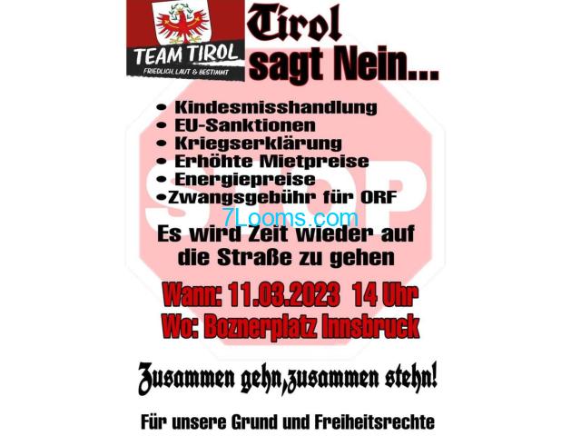 Tirol sagt nein, Boznerplatz Innsbruck 11.03.2023 14:00;  Für unsere Grund und Freiheitsrechte!