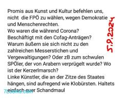 Promis aus Kunst und Kultur befehlen uns, nicht die FPÖ zu wählen, wegen Demokratie und Menschenrech