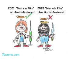 2021 Nur ein Piks mit Gratis-Bratwurst  ; 2025 nur ein Piks ohne Gratis-Bratwurst ;