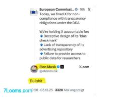 European Commissi... &•16h X Today, we fined X for non compliance with transparency